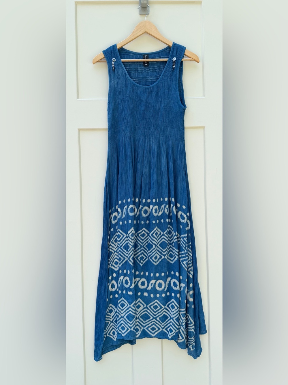 Boho Sacred Threads Blue and White Patterned Maxi dress - OS beaded accents